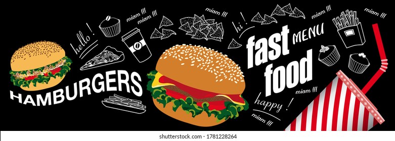 Poster or banner for fastfood with food in color and white line on a blackboard background.