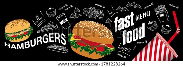 Poster or banner for fast-food with food in color and white line on a blackboard background.