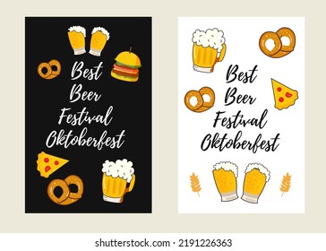 poster or banner of the festival. An inscription with the inscription Beer feast . Beer, burger, pizza, gingerbread. Vintage vector engraving illustration on a dark background.