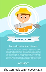 Poster, banner with fisherman and fish in round frame with place for your text.Flat style.Vector illustration.