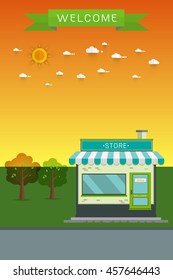 poster banner Flat Vector Detailed Shop, Market, Store, Cafe, Barbershop, Grocery Illustration, Isolated On Cityscape Background.