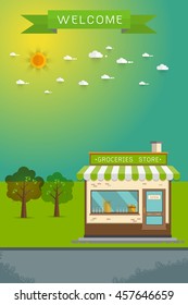 poster banner Flat Vector Detailed Shop, Market, Store, Cafe, Barbershop, Grocery Illustration, Isolated On Cityscape Background.
