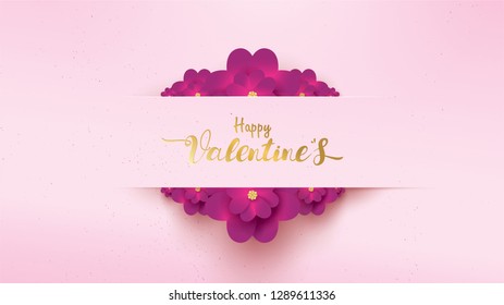 Poster and banner with flower and lettering Happy Valentine Day on pink background. Wallpaper floral concept for Valentines Day
