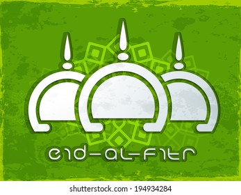 Afiche, pancarta o volante con diseño creativo de mezquita sobre fondo verde ondulado adornado con flores para la celebración del festival de la comunidad musulmana Eid-Al-Fitr. 