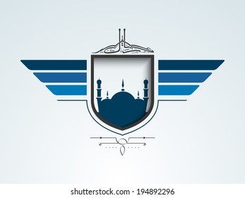 Poster, banner or flyer design with arabic Islamic calligraphy of text Eid Mubarak and mosque on creative blue background. 