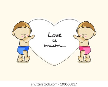 Poster, banner or flyer design with cute little kids holding heart and stylish text Love u mom. 