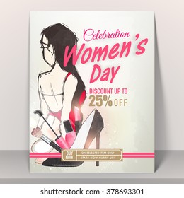 Poster, Banner or Flyer design of Sale with 25% Discount Offer for Happy Women's Day celebration.