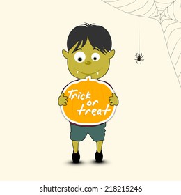 Poster, banner or flyer design with scary boy holding text Treat or Treat in pumpkin shape on spider web decorated background. 