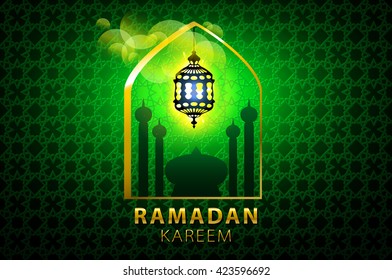 Poster, banner or flyer design with silhouette of mosque on shiny green background for holy month of muslim community Ramadan Kareem. art