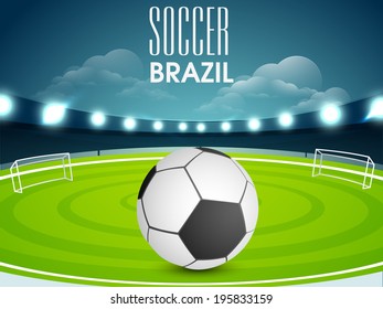 Poster, banner or flyer design with soccer ball on stadium in night background. 