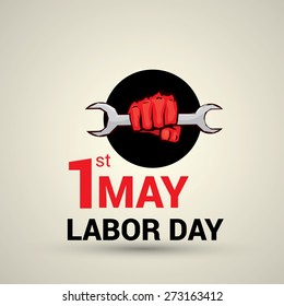 Poster, banner or flyer design with stylish text 1st May Labor Day and illustration of human hand fist holding wrench on abstract background.