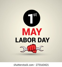 Poster, banner or flyer design with stylish text 1st May Labor Day and illustration of human hand fist holding wrench on abstract background.
