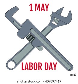 Poster, banner or flyer design with stylish text 1st May Labor Day and illustration of two wrenches on white background. Vector Art, Stock Vector