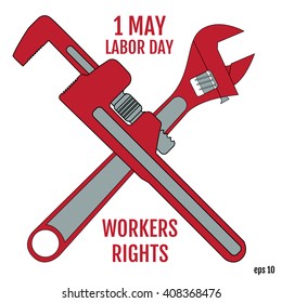 Poster, banner or flyer design with stylish text 1st May Labor Day and Workers right and illustration of two wrenches on white background. Vector Art, Stock Vector
