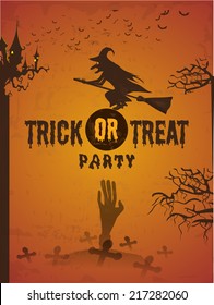 Poster, banner or flyer design with witch flying on broom on grungy orange background. 