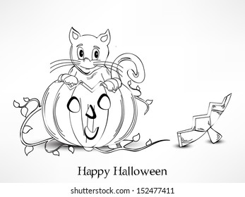 Poster, banner or flyer for Halloween party night with sketch of scary pumpkins and domestic cat on abstract grey background. 