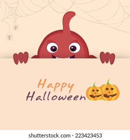 Poster, banner or flyer for Halloween party celebration with pumpkin and monster.