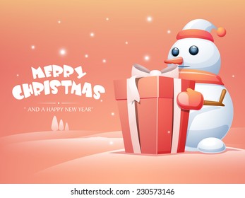 Poster, banner or flyer for Merry Christmas and Happy New Year celebrations with snowman holding gift box on snow covered background.