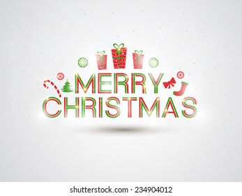 Poster, banner or flyer for Merry Christmas celebrations with X-mas ornaments on shiny grey background.