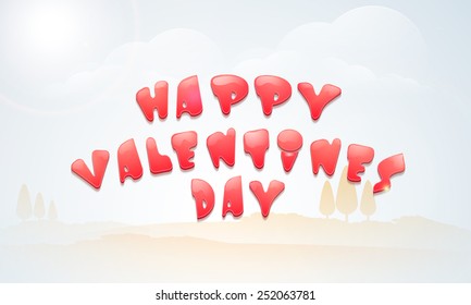 Poster, banner or flyer with red text Happy Valentines Day on winter nature background.
