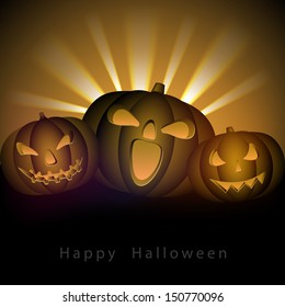 Poster, banner or flyer with scary pumpkins on shiny rays background.  