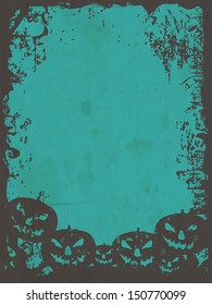 Poster, banner or flyer with scary pumpkins and dead trees on grungy green background. 