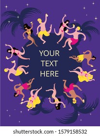 Poster, banner or flyer template about beach party. Cheerful characters dance in beach clothes with drinks in their hands against the background of the night sky and palm trees.