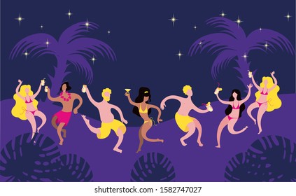Póster, Anuncio o Plantilla de volante sobre fiesta en la playa. Alegres personajes bailan con ropa de playa con bebidas en sus manos contra el fondo del cielo nocturno y las palmeras.