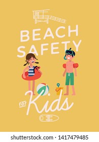 Poster-, Banner- oder Flyer-Vorlage zur Sicherheit am Strand für Kinder mit Kindern in Badeanzügen mit Aktivitäten am Wasser im Sommer Artikel