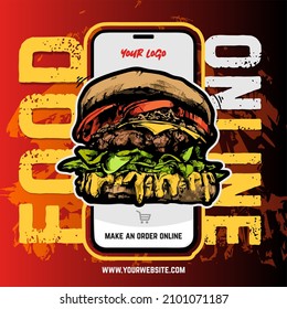 Poster, banner "Food Online". Food market in a smartphone. Online store. Food delivery background concept. Online shopping on your smartphone. BURGER LOGO. Colored Big burger, hamburger hand drawing 