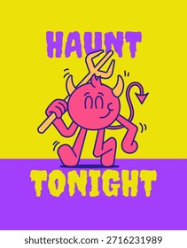 Cartaz ou banner engraçado diabo personagem de desenho animado segurando um tridente com assombração ousada hoje à noite lettering. ilustração plana colorida perfeito para desenhos de halloween, cartazes, adesivos, vestuário e brincalhão