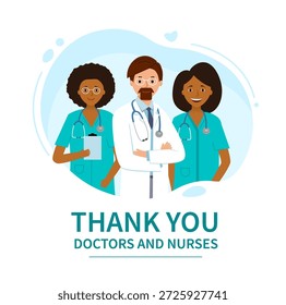 Cartaz ou banner com Grupo de médicos. conceito Centro médico. Equipe de profissionais médicos. Médico de ilustração vetorial em estilo cartoon.