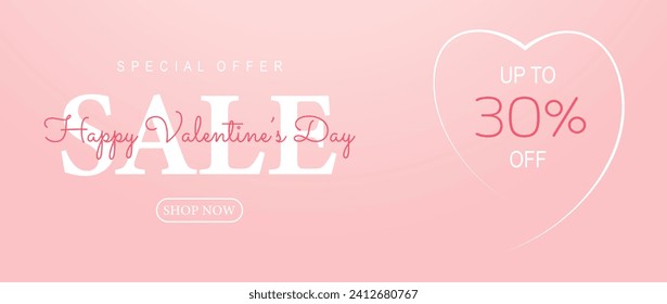 Poster or banner Happy Valentine's day. Big sale. Sale 30% off. Background for sale. Happy Valentine's day header or voucher template .