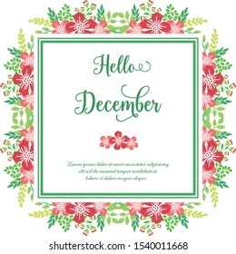 Poster or banner hello december, with abstract red flower frame graphic. Vector