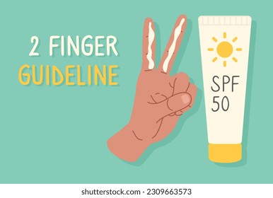 Afiche, pancarta de instrucciones sobre cómo aplicar protector solar en la cara. Mano con crema SPF 50 sobre dos dedos en un estilo plano.