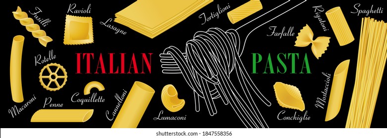 Afiche o pancarta para los restaurantes italianos especializados en la cocina de pasta - imagen a color o línea blanca en el fondo de una pizarra.