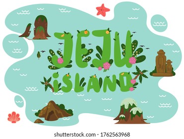 Poster or banner with Jeju island inscription among isolated sea, in South Korea. Traditional landmarks, symbols. Popular places for visiting tourists. Dolharubang statue, mountains, waterfall, rocks