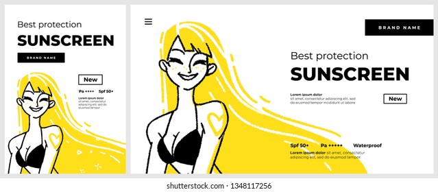 Poster and banner or landing page template for sunscreen protection sun care cosmetics. Happy smiling woman character on the. Vector illustration