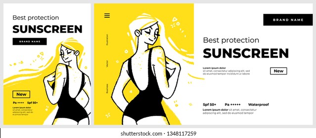 Poster and banner or landing page template for sunscreen protection sun care cosmetics. Happy smiling woman character on the. Vector illustration