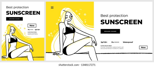 Poster and banner or landing page template for sunscreen protection sun care cosmetics. Happy smiling woman character on the. Vector illustration