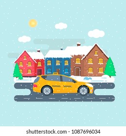 Poster, banner with the machine yellow cab in the city. Public taxi service concept. Cityscape on the background. Flat vector illustration.