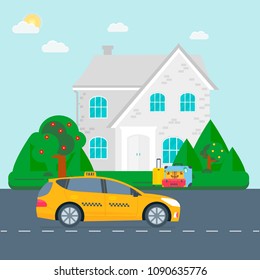 Poster, banner with the machine yellow cab in the city. Public taxi service concept. Cityscape on the background. Flat vector illustration.