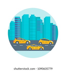 Poster, banner with the machine yellow cab in the city. Public taxi service concept. Cityscape on the background. Flat vector illustration.