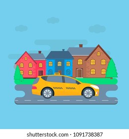 Poster, banner with the machine yellow cab in the city. Public taxi service concept. Cityscape on the background. Flat vector illustration.