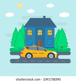 Poster, banner with the machine yellow cab in the city. Public taxi service concept. Cityscape on the background. Flat vector illustration.