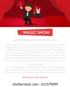 Poster, banner with  magician with hat and magic wand with place for your text.Flat style.Vector illustration.