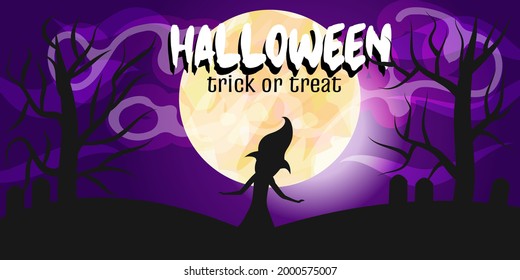 Poster, banner with moon, silhouette of witch, inscription happy Halloween. Landscape poster. Vector illustration in cartoon style, autumn Halloween holiday. Night landscape moon, silhouettes trees