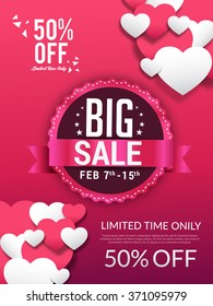 Poster or Banner offer design decorated with shiny pink heart for Valentine's Day.