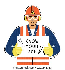 afiche o cartel sobre la protección laboral con la inscripción conozca su PPE. un trabajador con ropa de protección sostiene un afiche. dibujo a mano plana con texturas y líneas en el estilo de esbozo. EPS vectorial de serie