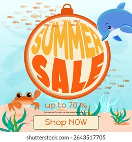 poster banner on a marine theme with the words summer sale with a compass in the center and a dolphin and crab on the background of a flock of fish and the sea vector children's illustration